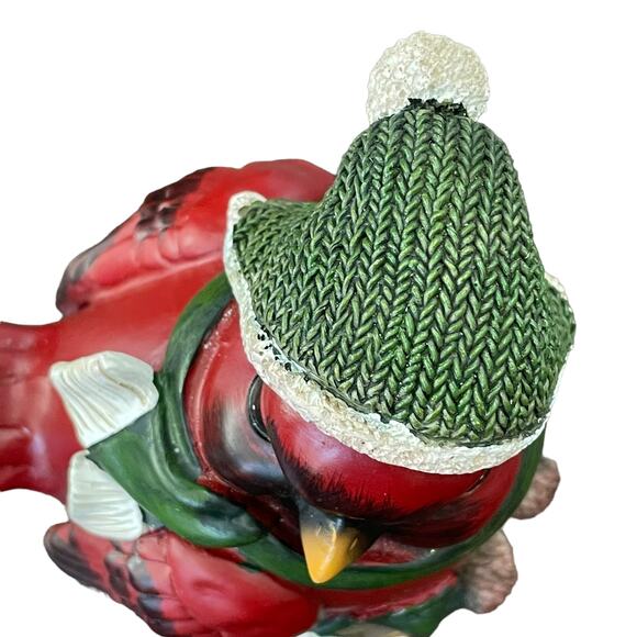 Cardinal Bird In Nest Figure Red Green Hat Scarf Winter Resin Decor CHIP READ - Picture 6 of 14